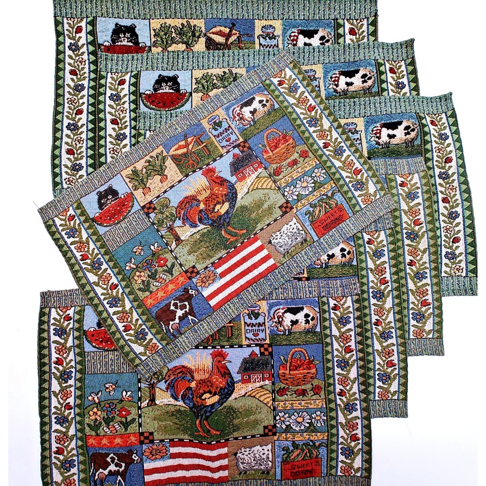 Set of 7 Vintage Farmhouse Rooster Tapestry Placemats Country Kitchen Woven‎